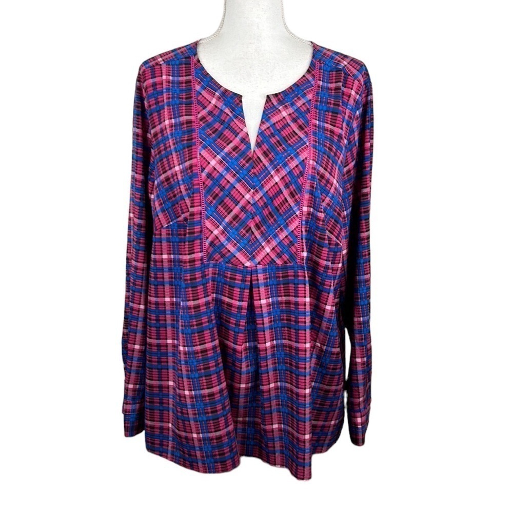 Lane Bryant Boho Pink & Blue Plaid Long Sleeve V-Neck Top Size 18/20